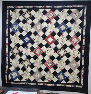 New Homemade "FIVE PLUS TWO" Quilt, 75"x75", "Barbershop Fabric"